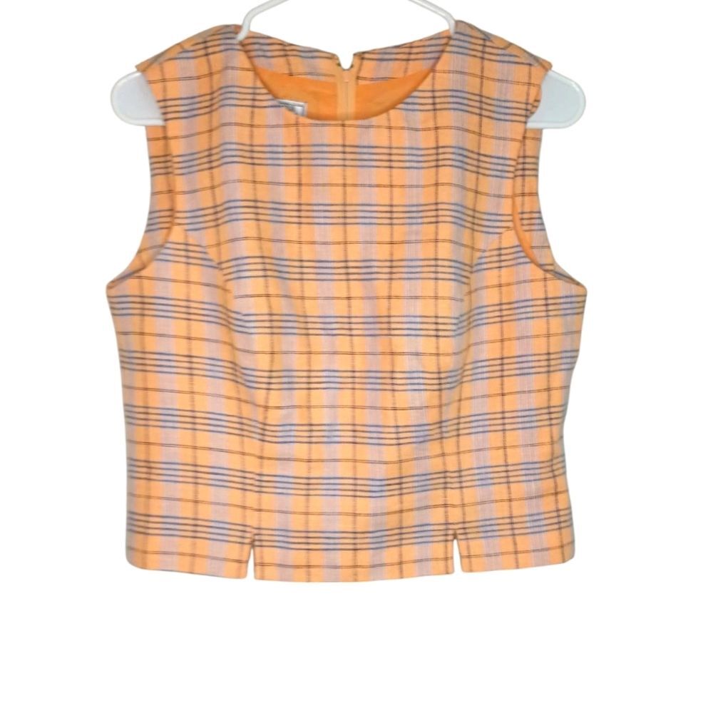 Vintage Linen Jennifer Moore Peach and Blue Plaid Structured Crop Top